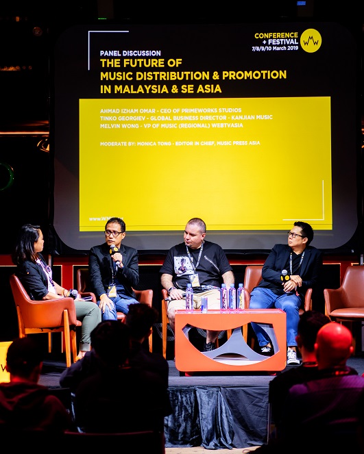 ZOUK Club, Kuala Lumpur. L-R: Monica Tong [Music Press Asia], Ahmad Izham [Primeworks Studios]., Tinko Georgiev [Kanjian Music], Melvin Wong [WebTVAsia]. Photo courtesy of All Is Amazing at Wired Music Week.