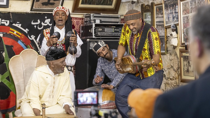 Abdeljabbar El Gourd performs on guembri at Intl Jazz Day 2024 Tangier Morocco Photo by Steve Mundinger Herbie Hancock Institute of Jazz Newswire by Music Press Asia